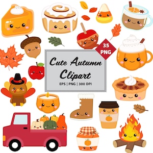 Kawaii Autumn Clipart Set: Fall Planner Stickers, Thanksgiving PNG (Digital Download)
