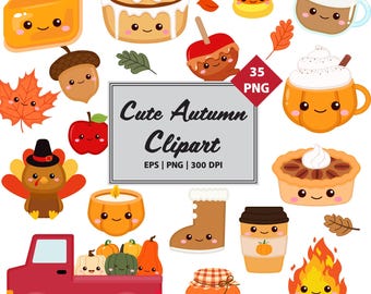 Kawaii Autumn Clipart Set: Fall Planner Stickers, Thanksgiving PNG (Digital Download)