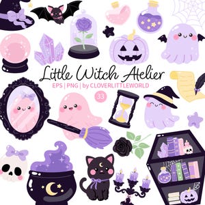 May include: A digital illustration set titled Little Witch Atelier featuring purple and pink icons including a ghost, a black cat, a cauldron, a crystal ball, a rose in a glass dome, a pumpkin, a mirror, an hourglass, and a coffin-shaped shelf.