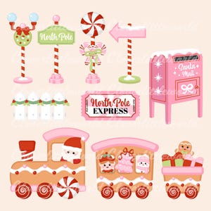 May include: A collection of Christmas-themed illustrations featuring a gingerbread train, North Pole signs, a mailbox, and a ticket that reads "North Pole Express". The color palette includes pink, red, white, and brown.