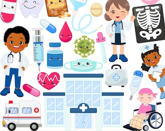 May include: A collection of cartoon illustrations featuring medical themes. Includes a hospital, ambulance, doctors, nurses, medical tools, pills, and a patient in a wheelchair. The text "Cute Hospitals" is at the bottom.