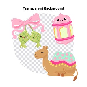 May include: A digital illustration featuring a camel, a pink lantern, and two green ketupat with smiling faces, all with a transparent background. The camel is brown with a decorative blanket. The lantern is pink and yellow.