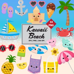 Kawaii Beach Clipart Bundle 34 Cute Summer PNG | Ocean & Tropical Elements | Ice Cream, Sandcastle, Crab, Pineapple | 300 DPI