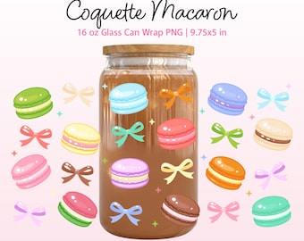 Colorful Coquette Pastel Macaron 16oz Libbey Glass Can Wrap PNG Seamless Pattern, Ice coffee cup wrap (Digital Download)