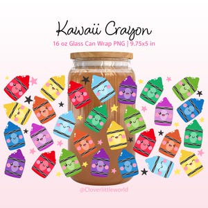 Kawaii Crayon 16oz Libbey Glass Can Wrap PNG, Back to School Wrap, Cute Teacher Glass Can Design, Pastel Crayon Tumbler Sublimation PNG