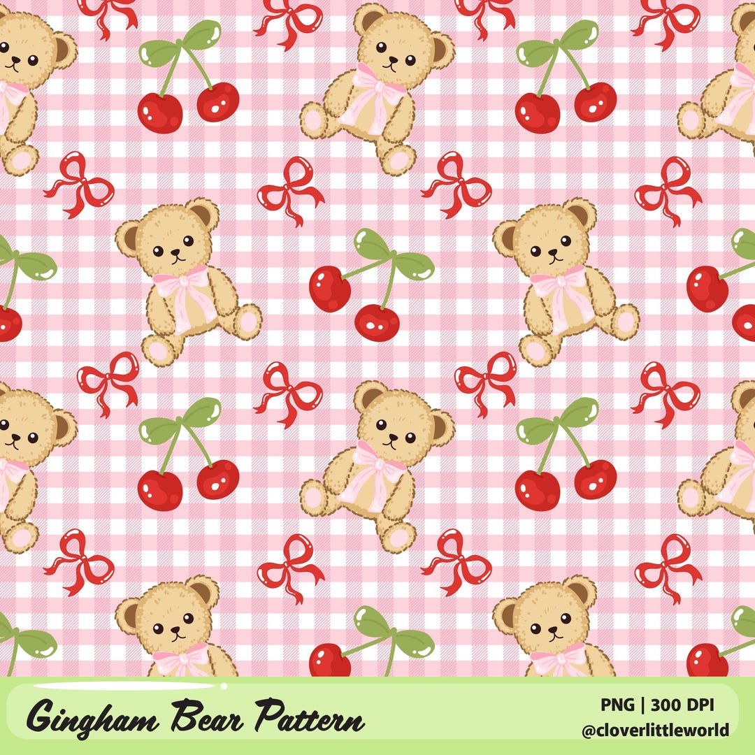 Pink Gingham Teddy Bear Seamless Pattern PNG, Cute Coquette Baby ...