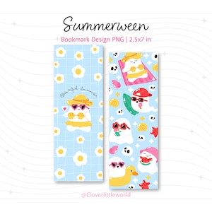 May include: Two rectangular bookmarks measuring 6.35x17.78 cm featuring Summerween designs. The left bookmark has a light blue grid with white flowers and a ghost in a yellow hat and heart sunglasses. The right shows ghosts with beach items.