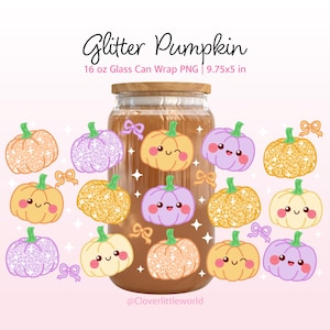 May include: A digital design file for a 16 oz glass can wrap measuring 9.75x5 inches, titled Glitter Pumpkin. The graphic features a repeating pattern of cute, smiling pumpkins in glittery orange, yellow, and purple hues, accented with small bows and stars.