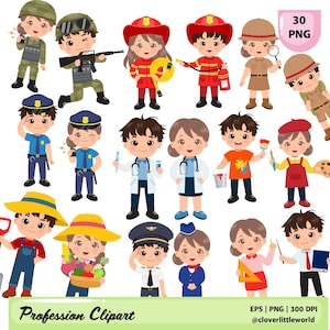 Puede incluir: Clipart de profesiones con 16 figuras de dibujos animados que representan diversas ocupaciones. Incluye un soldado, policías, un médico, un bombero, un agricultor, un maestro y más. El texto "Profession Clipart" también está presente.