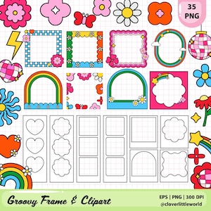 May include: A collection of colorful, retro-style digital clip art elements, including frames, flowers, rainbows, and hearts. The designs feature vibrant colors and groovy aesthetics, perfect for digital art projects. The text "Groovy Frame & Clipart" is at the bottom.