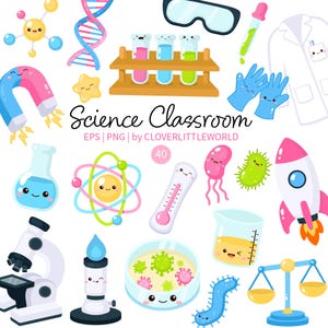 Puede incluir: Conjunto de ilustraciones de ciencia de estilo caricatura. Incluye un microscopio, tubos de ensayo, un matraz, un cohete, un termómetro y el texto "Science Classroom". Las ilustraciones son coloridas y adecuadas para materiales educativos.