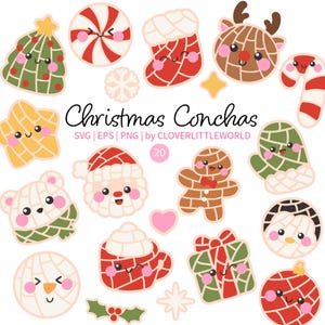 Op de afbeelding: Een verzameling illustraties van concha-broodjes in kerstthema met diverse feestelijke vormen zoals een boom, kous, rendier, zuurstok, ster, kerstman, peperkoekfiguur, want, mok, cadeau en ornament, met de tekst Christmas Conchas.