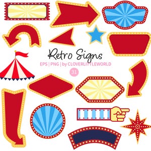 May include: A collection of digital graphic elements featuring various red, blue, and yellow retro-style signs, arrows, stars, and a circus tent. The text "Retro Signs", "EPS | PNG | by CLOVERLITTLEWORLD", and the number "31" are visible in the center.