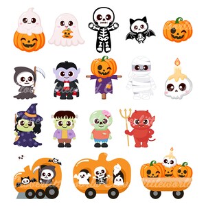 May include: A collection of colorful Halloween-themed cartoon characters and pumpkin carriages. The characters include ghosts, skeletons, a vampire, a mummy, a witch, Frankenstein's monster, a zombie, and a devil. The pumpkin carriages have wheels and carry ghosts and skeletons.