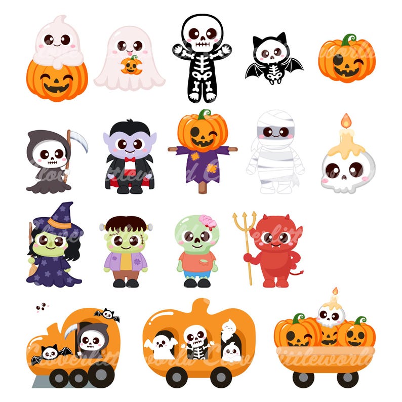 May include: A collection of colorful Halloween-themed cartoon characters and pumpkin carriages. The characters include ghosts, skeletons, a vampire, a mummy, a witch, Frankenstein's monster, a zombie, and a devil. The pumpkin carriages have wheels and carry ghosts and skeletons.