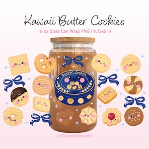 May include: A 16 oz glass can with a bamboo lid featuring a digital wrap design titled Kawaii Butter Cookies. The design includes various illustrated cookies with smiling faces, blue bows, and a central blue tin labeled Butter Cookies.