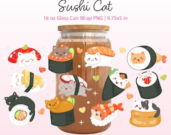 Cute Sushi Cat Glass Can Wrap 16 oz PNG, Kawaii Japanese Food Seamless Pattern Sublimation (Digital Download)