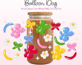 Balloon Dog Glass Can Wrap 16oz PNG, Colorful Balloon Animal Tumbler Wrap, Kawaii Retro Aesthetic Libbey Cup Design, Sublimation Download