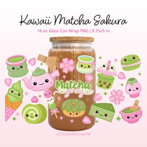 May include: A glass can wrap design featuring the text "Kawaii Matcha Sakura" and "Matcha Girly". The design includes cute illustrations of matcha-themed treats and drinks, such as a teapot, ice cream, and a donut. The can wrap is 9.75x5 inches.