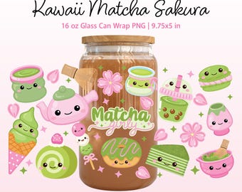 Kawaii Matcha Sakura Glass Can Wrap – Cute Matcha Dessert PNG for 16oz Libbey Cup, Japanese Sweets, Instant Download