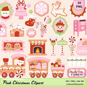 May include: A collection of pink and brown Christmas-themed clipart elements. Includes Santa Claus, gingerbread men, a train, a fireplace, a mailbox, and a cookie jar. The text "Pink Christmas Clipart" is at the bottom.