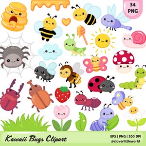 May include: A collection of colorful, cartoon-style bugs and insects, including bees, butterflies, ladybugs, and ants. The image features a variety of cute, smiling bugs, a honeycomb, and a strawberry. Text at the bottom reads "Kawaii Bugs Clipart".