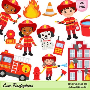 以下が含まれることがあります： 消防士、消防車、ダルメシアン犬、および消防関連の機器を特徴とする漫画のイラストのコレクション。 イラストは赤、黄、白で、下部に「Cute Firefighters」というテキストがあります。
