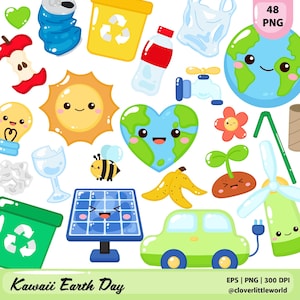Könnte beinhalten: Eine Sammlung von Illustrationen im Kawaii-Stil zum Thema Earth Day. Enthält eine lächelnde Erde, Sonne und herzförmige Erde sowie Recyclingbehälter, ein Solarpanel, ein grünes Auto und andere umweltfreundliche Elemente. Der Text lautet "Kawaii Earth Day".