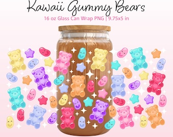 Kawaii Pastel Gummy Bear Glass Can Wrap PNG Size 16oz