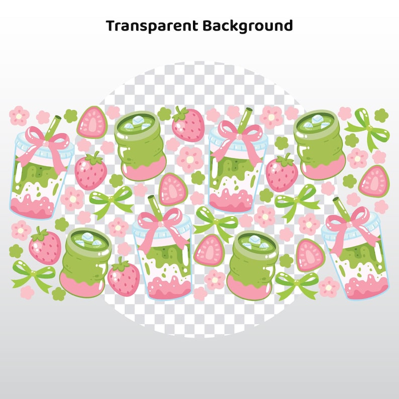 May include: A repeating pattern of matcha drinks, strawberries, bows, and flowers. The matcha drinks are in clear cups with pink bows and straws. The strawberries are pink and the bows are green.