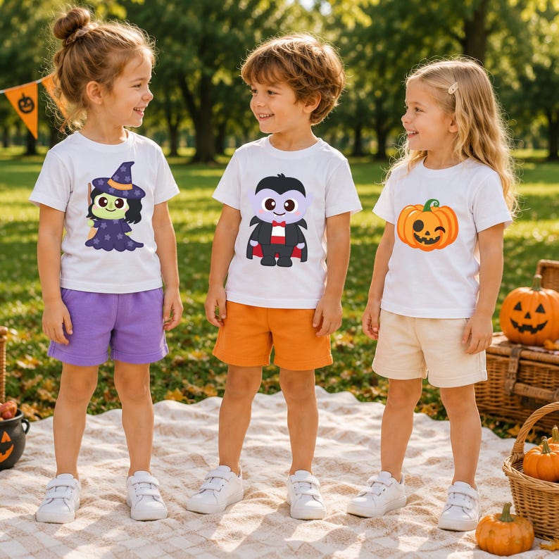 May include: Three children wearing white Halloween-themed t-shirts and shorts. The shirts feature a witch, a vampire, and a jack-o'-lantern. The shorts are purple, orange, and beige. The children are standing on a blanket outdoors.