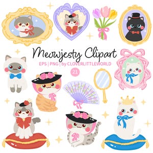May include: A digital illustration set titled Meowjesty Clipart featuring various cats in ornate frames, cats wearing hats and bows, a bouquet of tulips, a hand mirror, and a folding fan. The cats are depicted in a cartoon style with soft colors.
