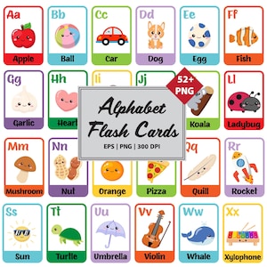 May include: Alphabet flash cards featuring colorful illustrations of objects and animals, each representing a letter of the alphabet. The cards include images of an apple, ball, car, dog, egg, fish, garlic, heart, koala, ladybug, mushroom, nut, orange, pizza, quill, rocket, sun, turtle, umbrella, violin, whale, and xylophone.
