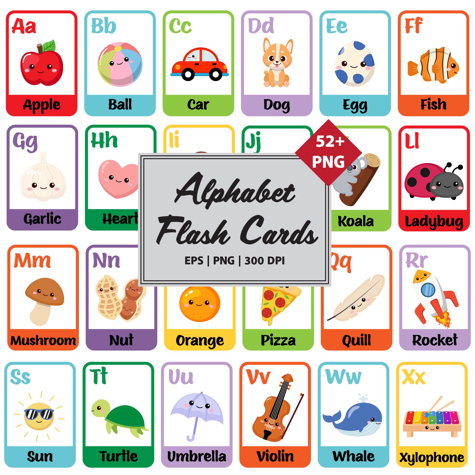 Motomi【絵カードのみABC】FLASHカードドライブラリ Alphabet Flashcards and Objects Clipart – A to Z Learning Set + A3