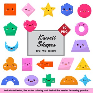May include: A selection of colourful, cartoon-style kawaii shapes with smiling faces, including squares, diamonds, stars, and hearts. The image includes the text "Kawaii Shapes" and "60 PNG".
