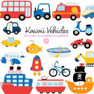 Pode incluir: Uma coleção de veículos coloridos em estilo cartoon, incluindo um autocarro, um trator, um carro de bombeiros, um comboio, um carro de polícia, uma scooter, um OVNI, um submarino, um barco, um avião, um carro de corrida, um foguete, uma bicicleta, um navio e um navio pirata. O texto "Kawaii Vehicles" é exibido.