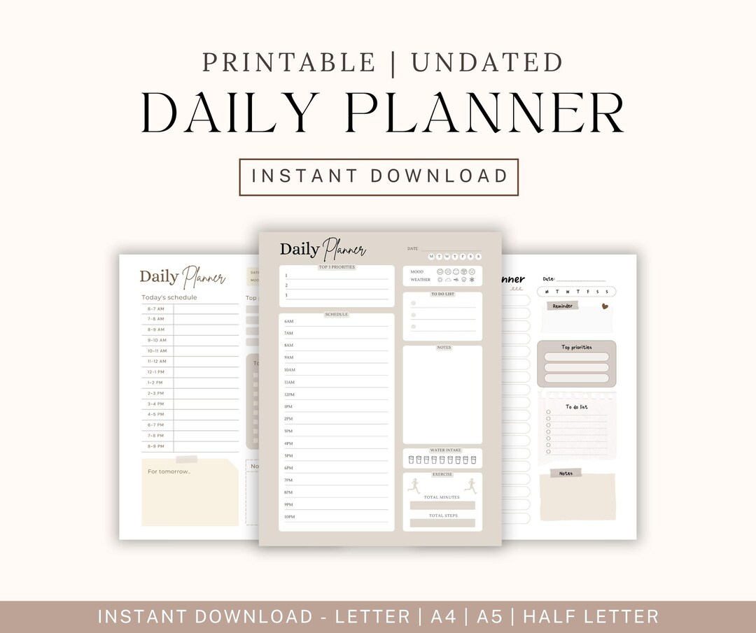 Daily Planner Printable | Undated PDF | A4, Letter, A5, Half Letter ...