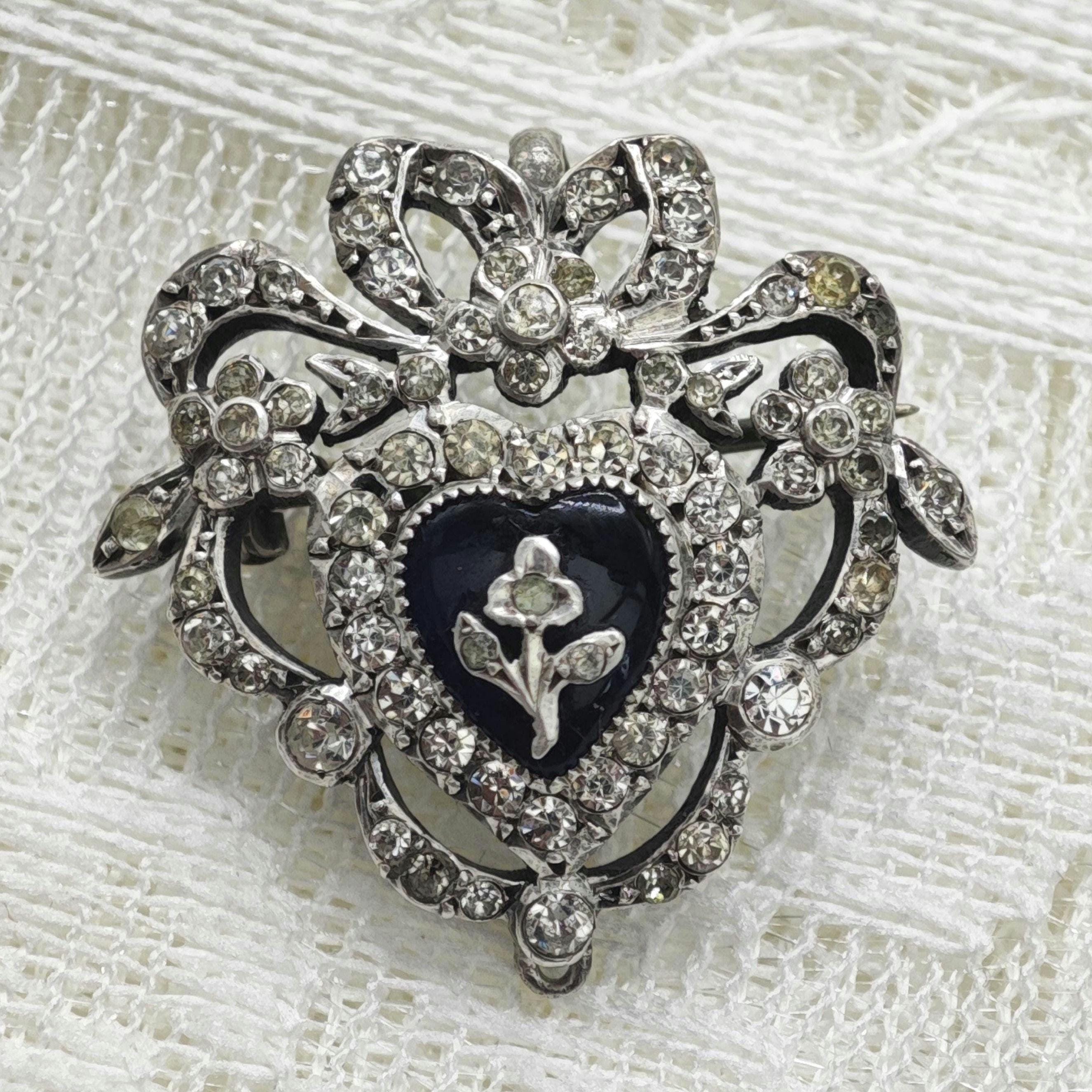 ジョージアンシルバーブローチ ブルーガラスペーストストーン ハート