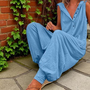 Cotton Summer Hooded Jumpsuit, Colourful Festival Jumpsuit, Lightweight Beach Holiday Outfit, Harem Boho Jumpsuit, Relaxed Hippie Jumpsuit