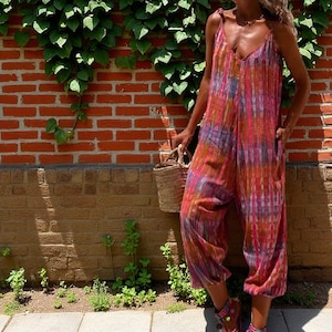 Printed Lightweight Summer Jumpsuit, Tie Dye Festival Jumpsuit, Colourful Beach Holiday Outfit, Harem Boho Jumpsuit, Relaxed Hippie Jumpsuit