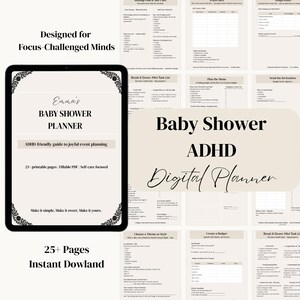 Può includere: Un pianificatore digitale per baby shower con il testo "Emma's BABY SHOWER PLANNER" e "Guida ADHD per una gioiosa pianificazione di eventi". Il pianificatore è progettato per menti con difficoltà di concentrazione e include 25+ pagine stampabili.