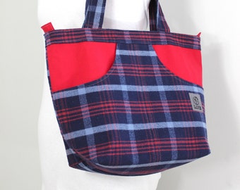 Upcycled Navy Blue and Red Plaid Large Zippered Tote