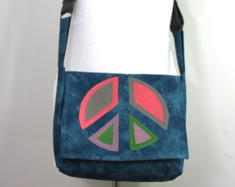 Upcycled Blue, Purple, Red, Green and Gray Peace Sign Messenger Bag