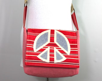 Upcycled Pink and Red Striped Peace Sign Messenger Bag