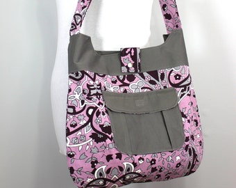 Upcycled Purple and Gray Floral Large Shoulder Bag