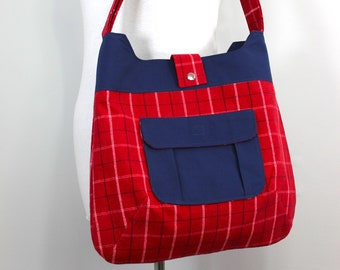 Upcycled Red Plaid and Navy Blue Large Shoulder Bag
