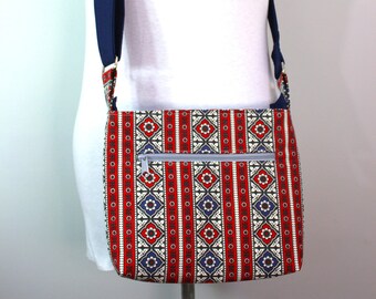 Upcycled Red, White and Navy Patterned Small Zippered Crossbody Purse