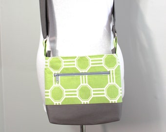 Upcycled Light Green and Gray Geometric Patterned Small Zippered Crossbody Purse