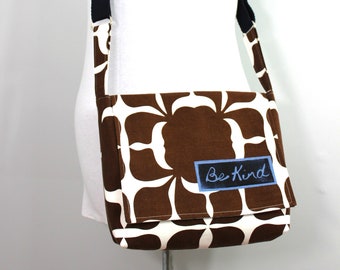 Upcycled Brown and White Patterned Messenger Bag