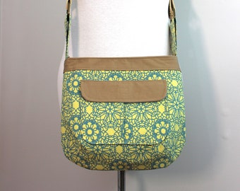 Upcycled Yellow and Aqua Patterned Zippered Crossbody Purse